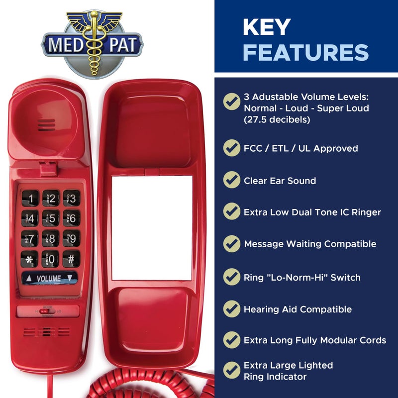 Med-Pat T4-R Full-Featured Trimline Telephone with Super Bright Ring Light Indicator - Clear Ear Sound w/Full Range Volume Control, Ideal for Hotel, Business & Landline Home Use- Red - Image 3